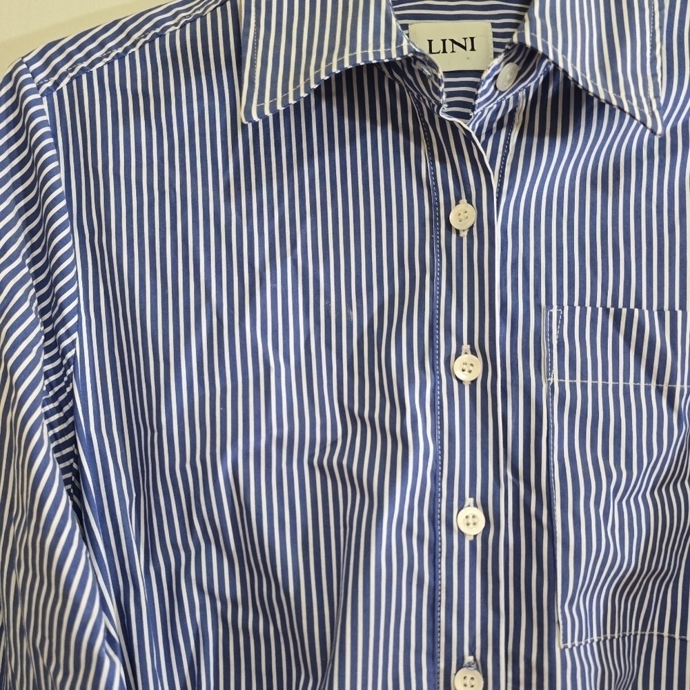 Lini Blue White Striped Shirt Dress Small Button Front Tie Waist Circle Skirt - Picture 10 of 10